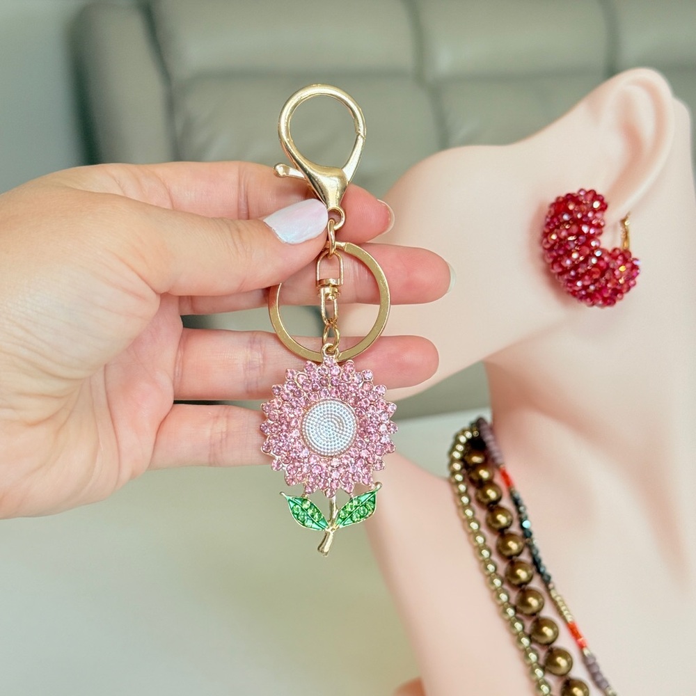 Pink and Green Crystal Sunflower Keychain
